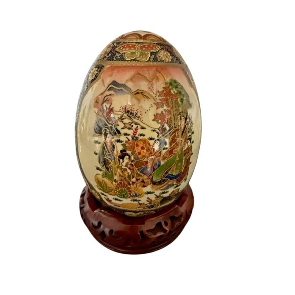 Vtg Japanese Guilded Enamel Moriage Egg Hand Painted Geisha 6"